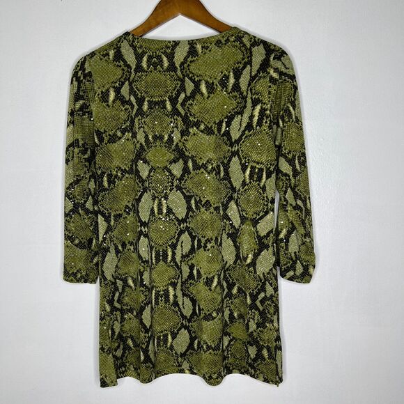 Susan Graver Green Snake Print Sequin Tunic Top Small Glam Animal Cold Shoulder - Picture 6 of 8